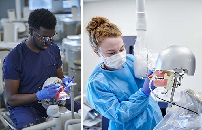 Students at the LMU College of Dental Medicine training on equipment