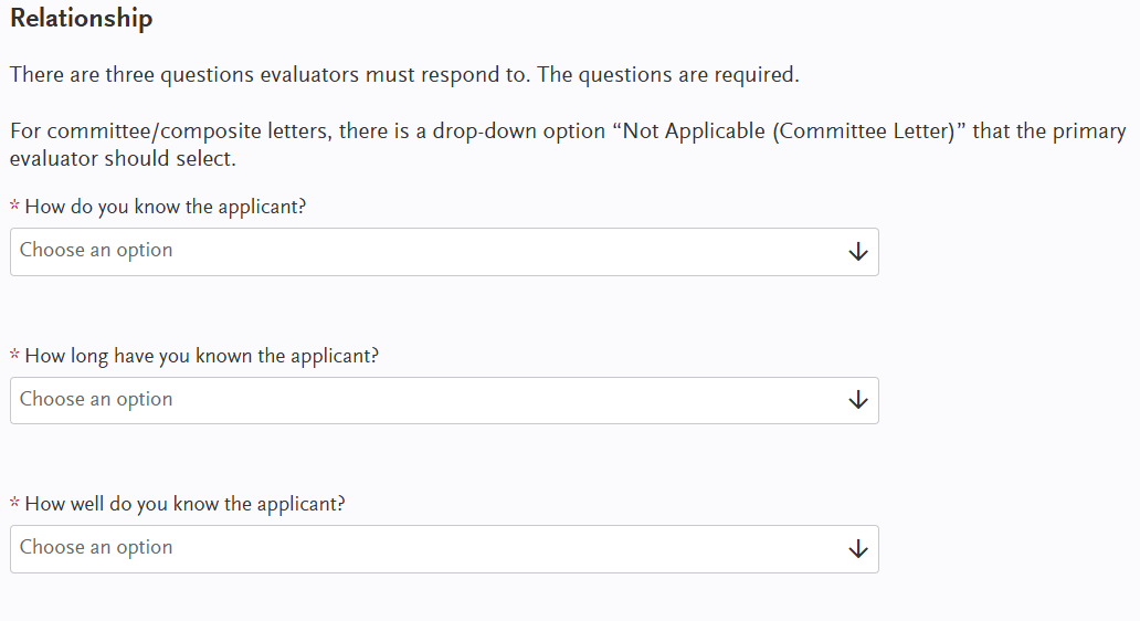 Relationship questions -- screenshot from AADSAS letter of evaluation form
